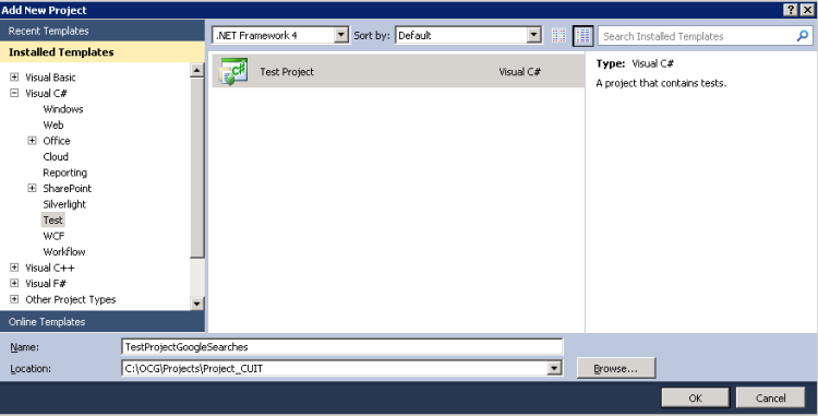 create new test project in Visual Studio