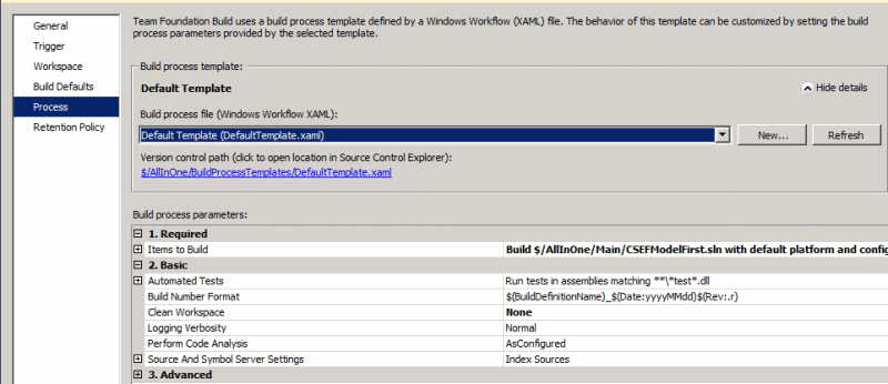 Process pane of Build Definition dialog